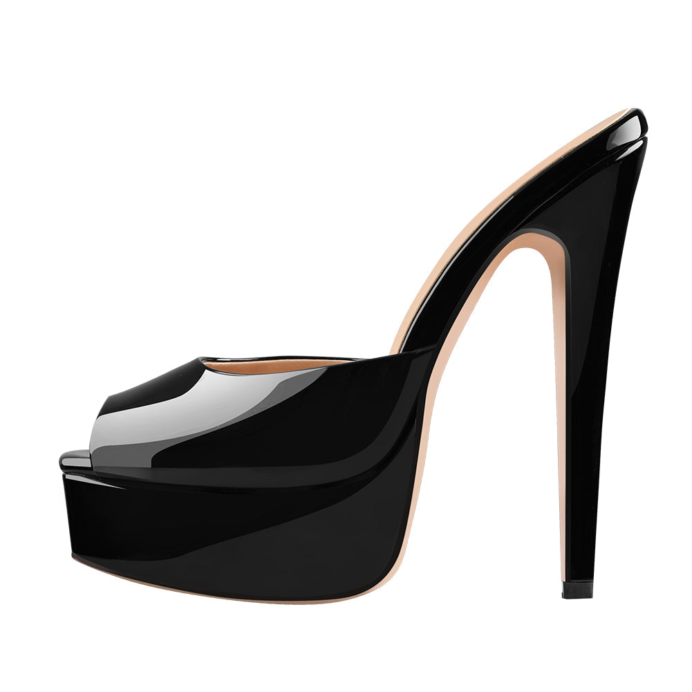 Peep Toe Black Patent Leather Stiletto High Heel Mules Sandals - Onlymaker Sale