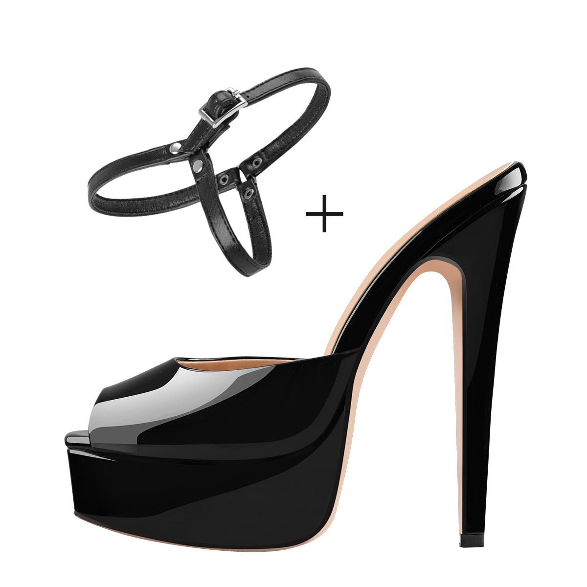 Peep Toe Black Patent Leather Stiletto High Heel Mules Sandals - Onlymaker Sale