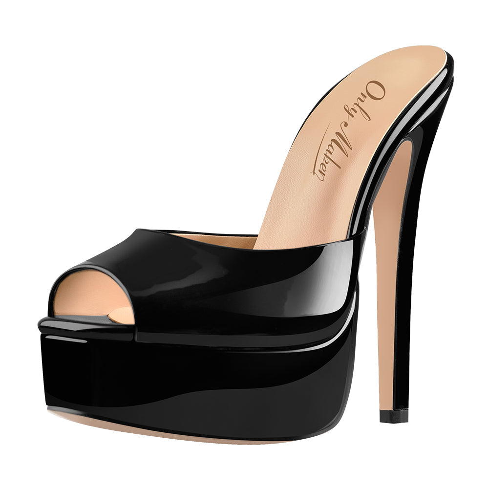 Peep Toe Black Patent Leather Stiletto High Heel Mules Sandals - Onlymaker Sale