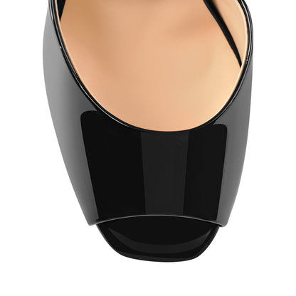 Peep Toe Black Patent Leather Stiletto High Heel Mules Sandals - Onlymaker Sale