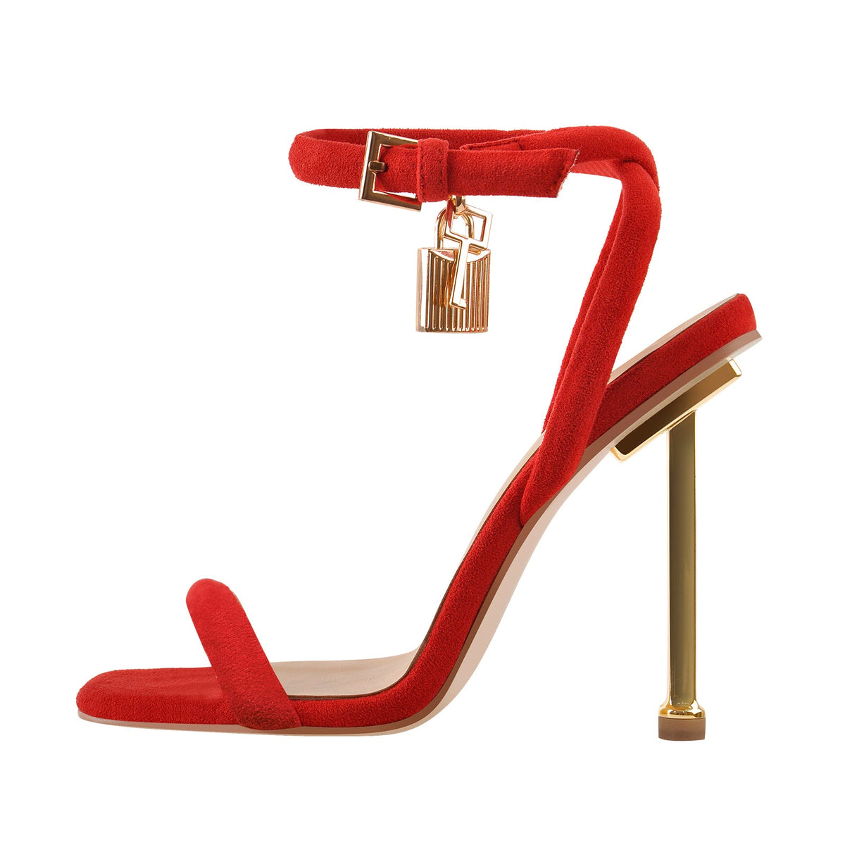 Red Suede Ankle Strap Square Toe Stilettos Metal Heel Sandals - Onlymaker Top Pick