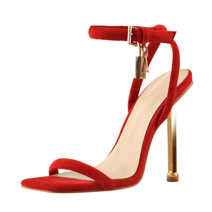 Red Suede Ankle Strap Square Toe Stilettos Metal Heel Sandals - Onlymaker Top Pick