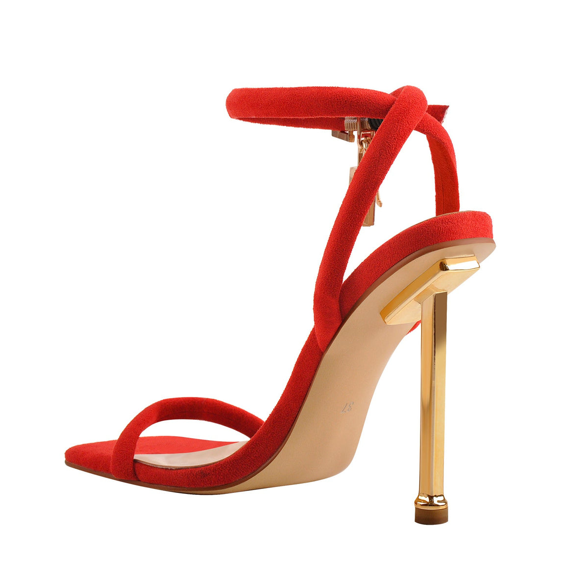 Red Suede Ankle Strap Square Toe Stilettos Metal Heel Sandals - Onlymaker Top Pick