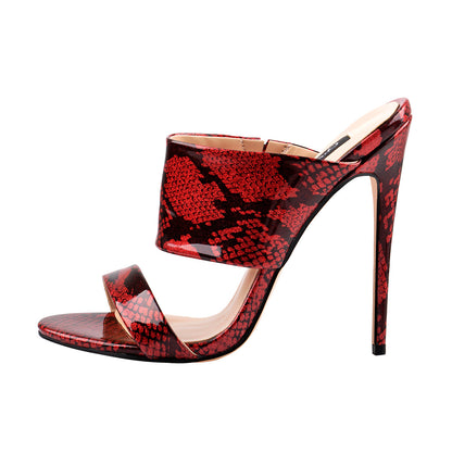 Two Band Snake Red Sandals High Heel Mules - Onlymaker Recommended