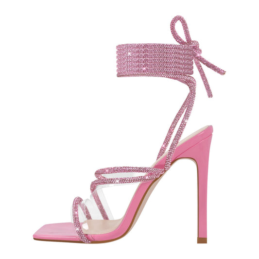 Rhinestone Straps Lace-up High Heel Sandals - Onlymaker Exclusive