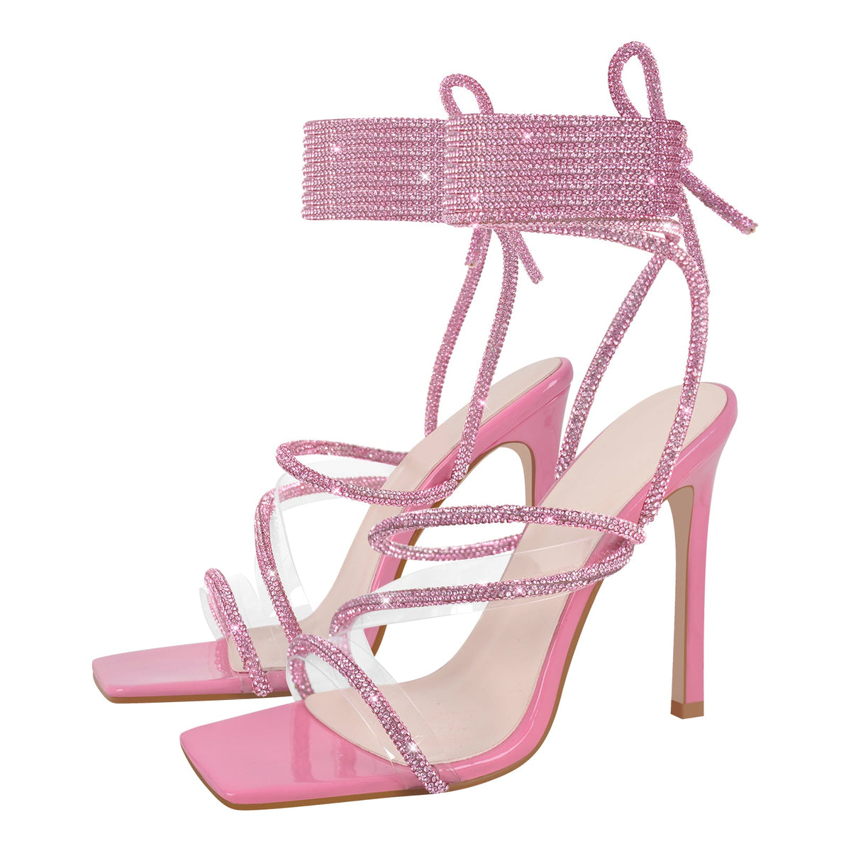Rhinestone Straps Lace-up High Heel Sandals - Onlymaker Exclusive