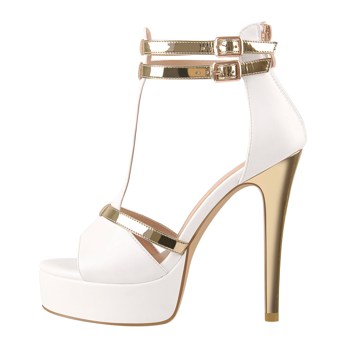 Gold T-Strap White Platform High Heel Sandals - Onlymaker Premium
