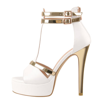 Gold T-Strap White Platform High Heel Sandals - Onlymaker Premium