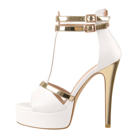 Gold T-Strap White Platform High Heel Sandals - Onlymaker Premium
