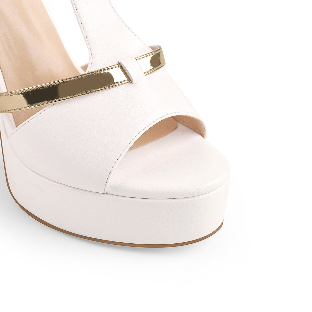 Gold T-Strap White Platform High Heel Sandals - Onlymaker Premium
