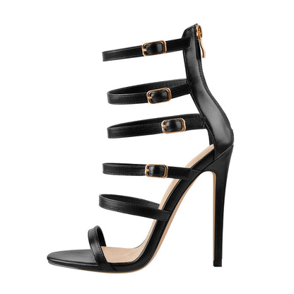 Black Gladiator Open Toe Zip High Heel Stiletto Sandals - Onlymaker Everyday