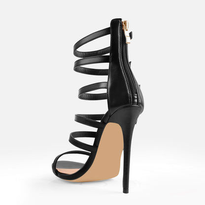 Black Gladiator Open Toe Zip High Heel Stiletto Sandals - Onlymaker Everyday