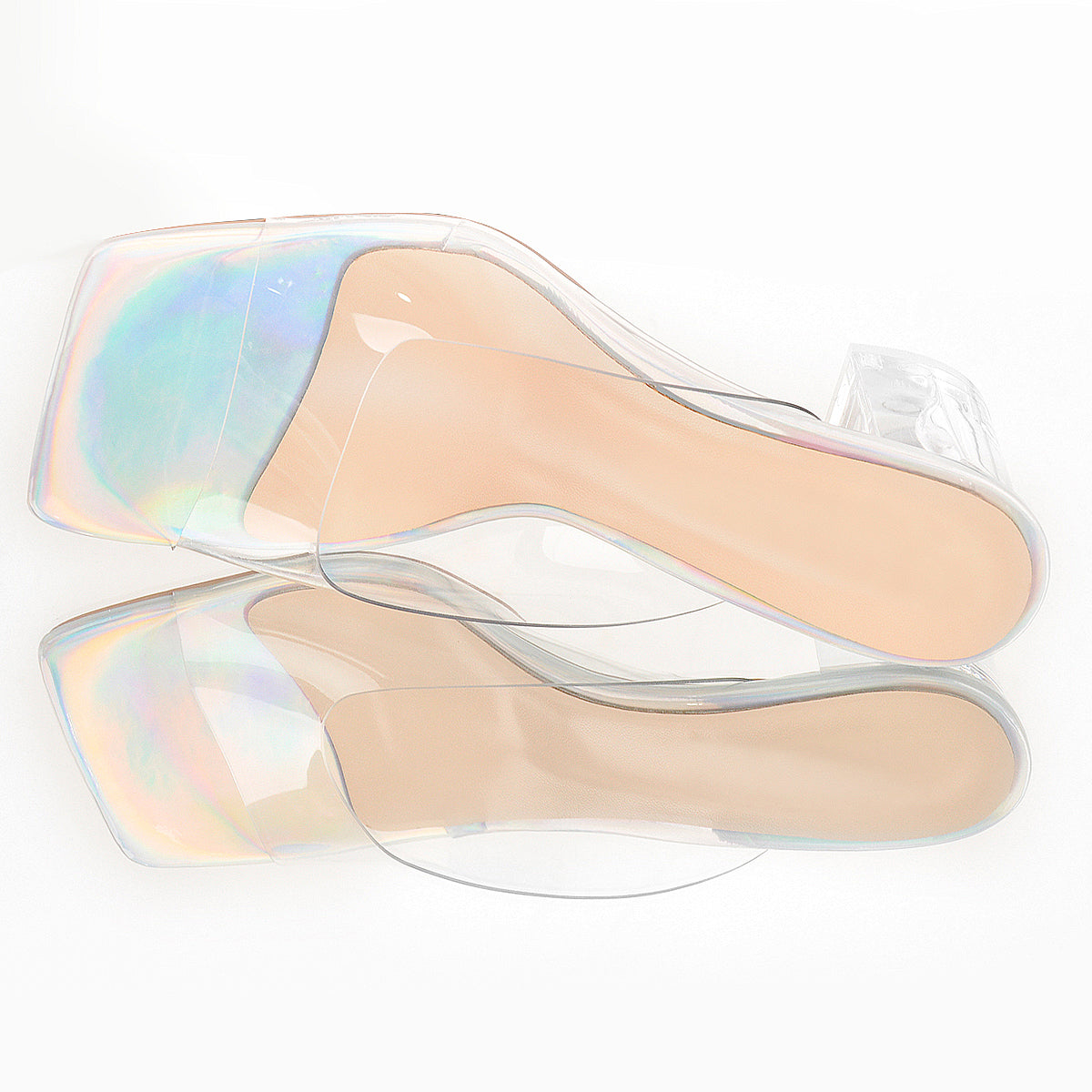 Holographic Transparent Chunky Heel Square Toe Sandals Mules - Onlymaker Premium