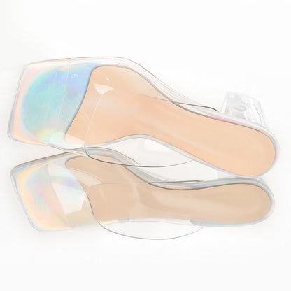 Holographic Transparent Chunky Heel Square Toe Sandals Mules - Onlymaker Premium