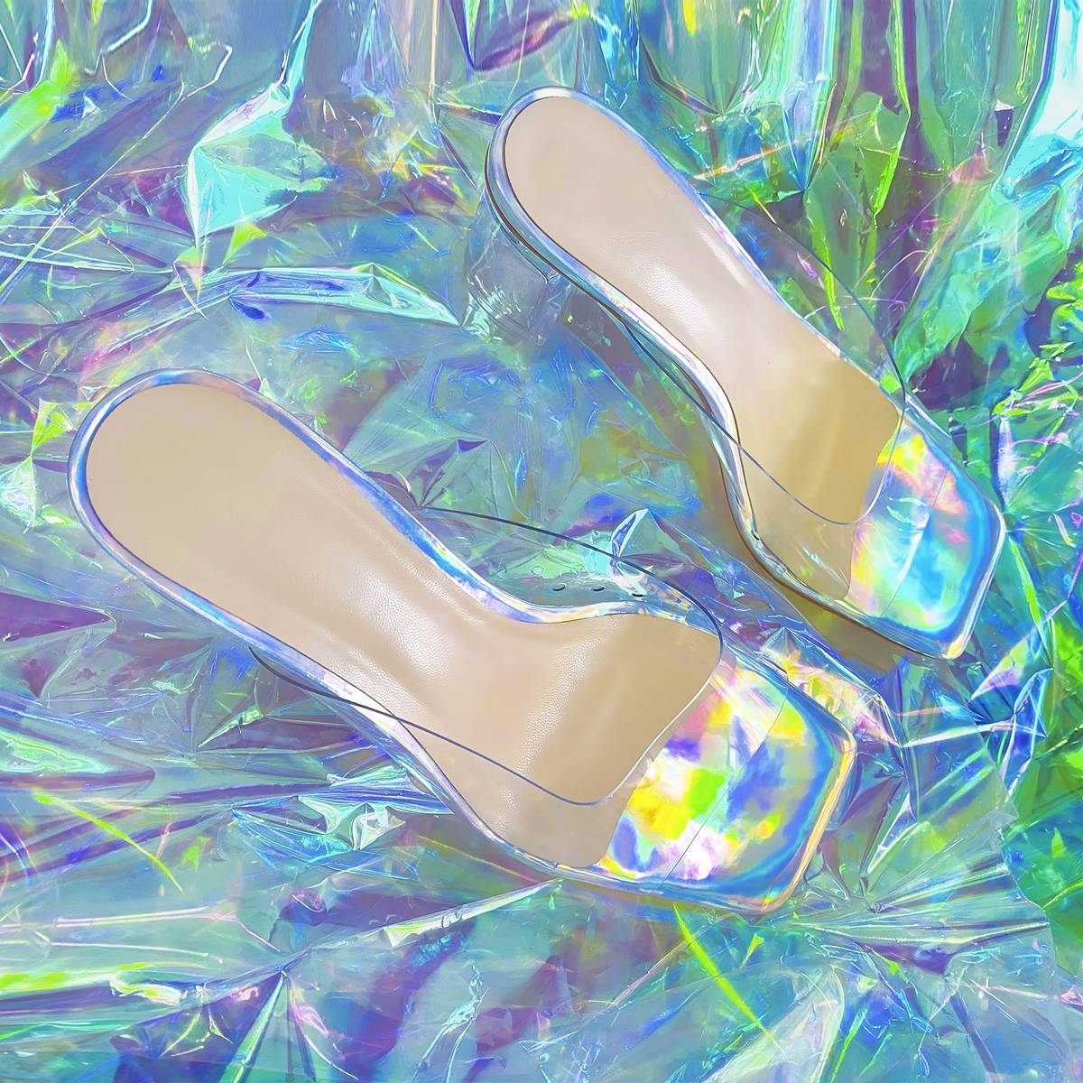 Holographic Transparent Chunky Heel Square Toe Sandals Mules - Onlymaker Premium
