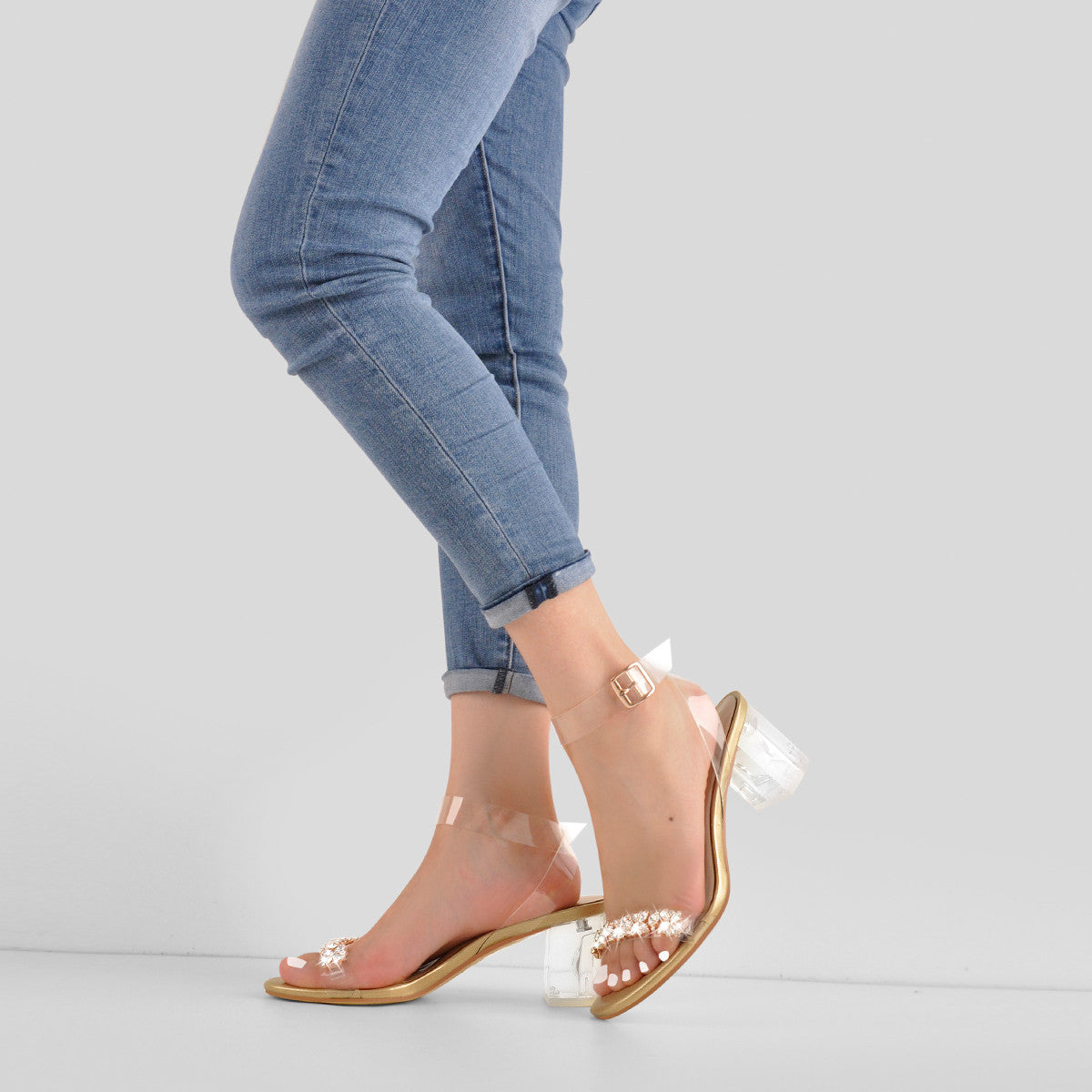 Ankle Clear Strap Rhinestone Transparent Perspex Heels Sandals - Onlymaker Best Seller
