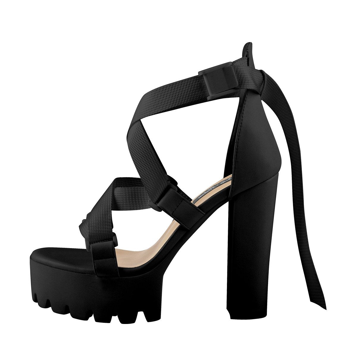 Open Toe Black Cross Strap Platform Block Heel Sandals - Onlymaker Sale