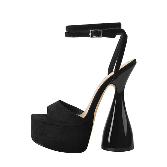 Black Suede Platform Ankle Strap High Heel Sandals - Onlymaker Deals