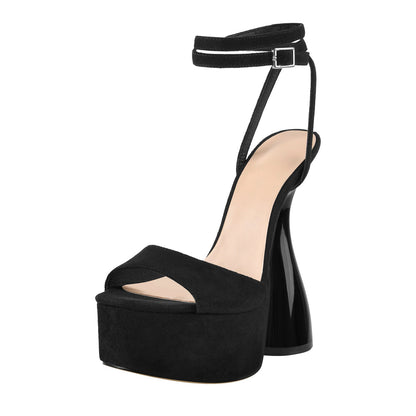 Black Suede Platform Ankle Strap High Heel Sandals - Onlymaker Deals