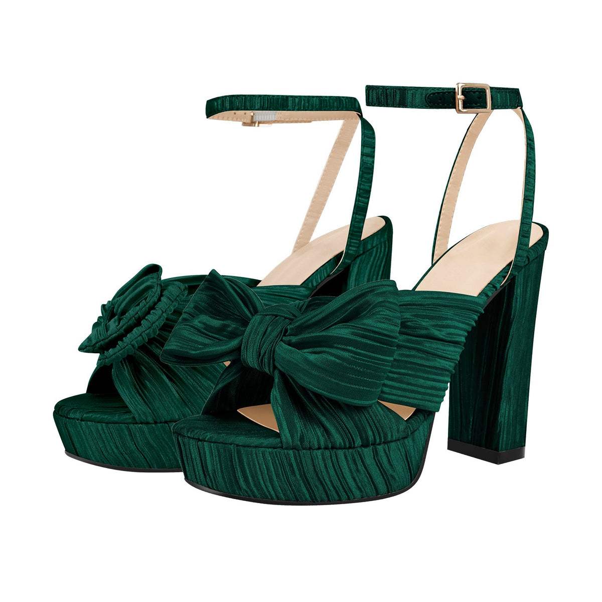 Platform Ankle Strap Pleated Bow Sandals - Onlymaker Value