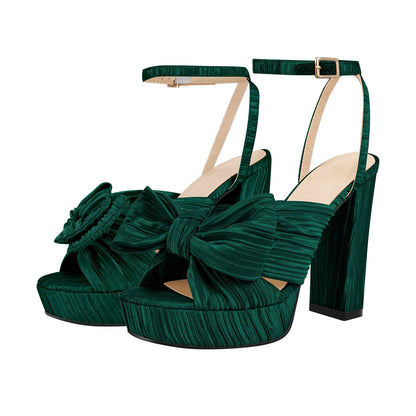 Platform Ankle Strap Pleated Bow Sandals - Onlymaker Value
