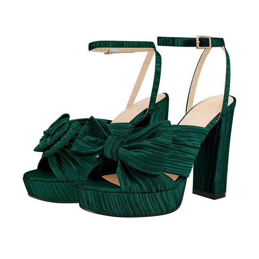 Platform Ankle Strap Pleated Bow Sandals - Onlymaker Value