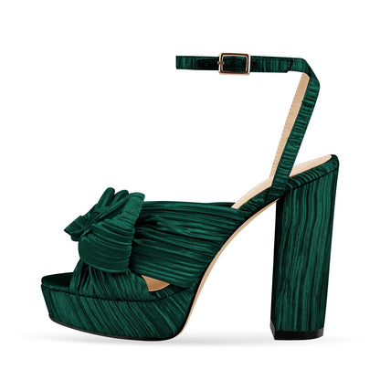 Platform Ankle Strap Pleated Bow Sandals - Onlymaker Value