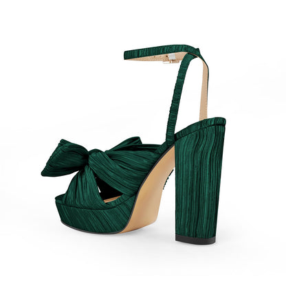Platform Ankle Strap Pleated Bow Sandals - Onlymaker Value