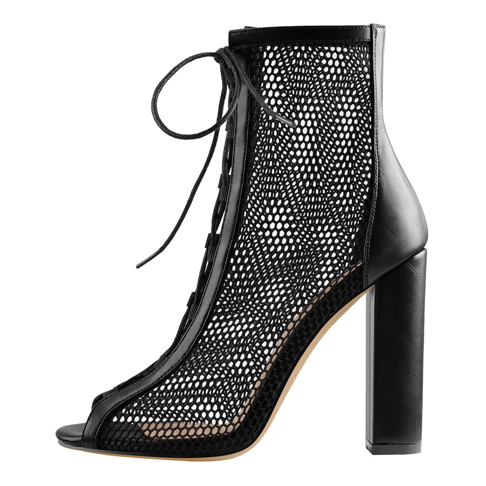 Chunky Heel Peep Toe Lace Up Mesh Ankle Booties Sandals - Onlymaker Great Value