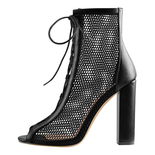 Chunky Heel Peep Toe Lace Up Mesh Ankle Booties Sandals - Onlymaker Great Value