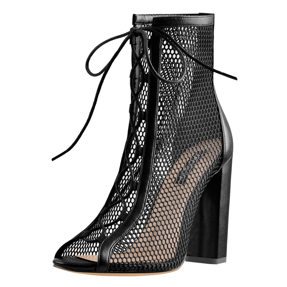 Chunky Heel Peep Toe Lace Up Mesh Ankle Booties Sandals - Onlymaker Great Value
