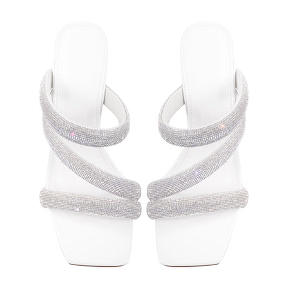 Rhinestone Strappy Slip on Chunky Heels Sandals - Onlymaker Classic