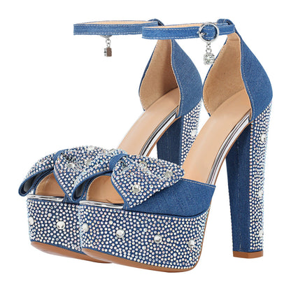 Rhinestone Bow Peep Toe High Heel Sandals - Onlymaker Customer Favorite