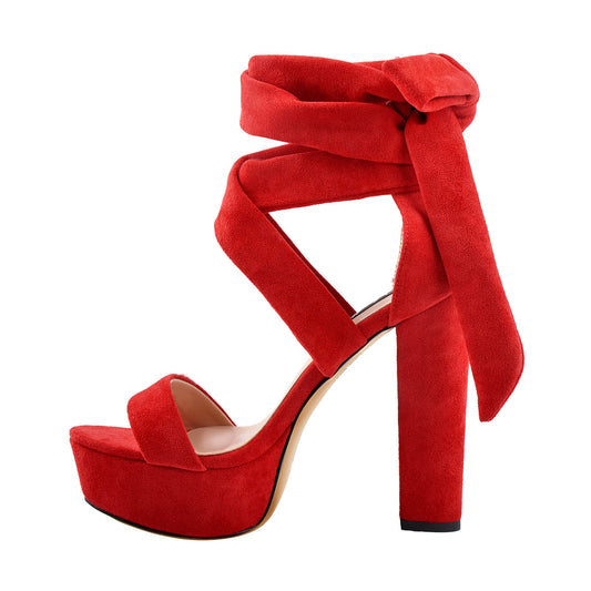 Suede Lace Up Platform Chunky High Heel Sandals - Onlymaker Trusted