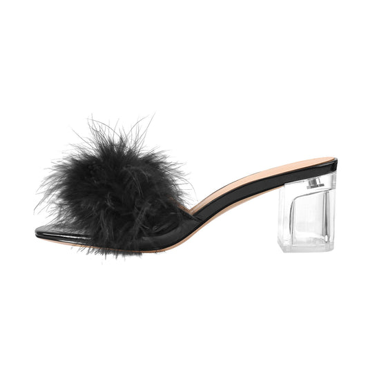 Black Feather Clear Heel Sandals - Onlymaker New