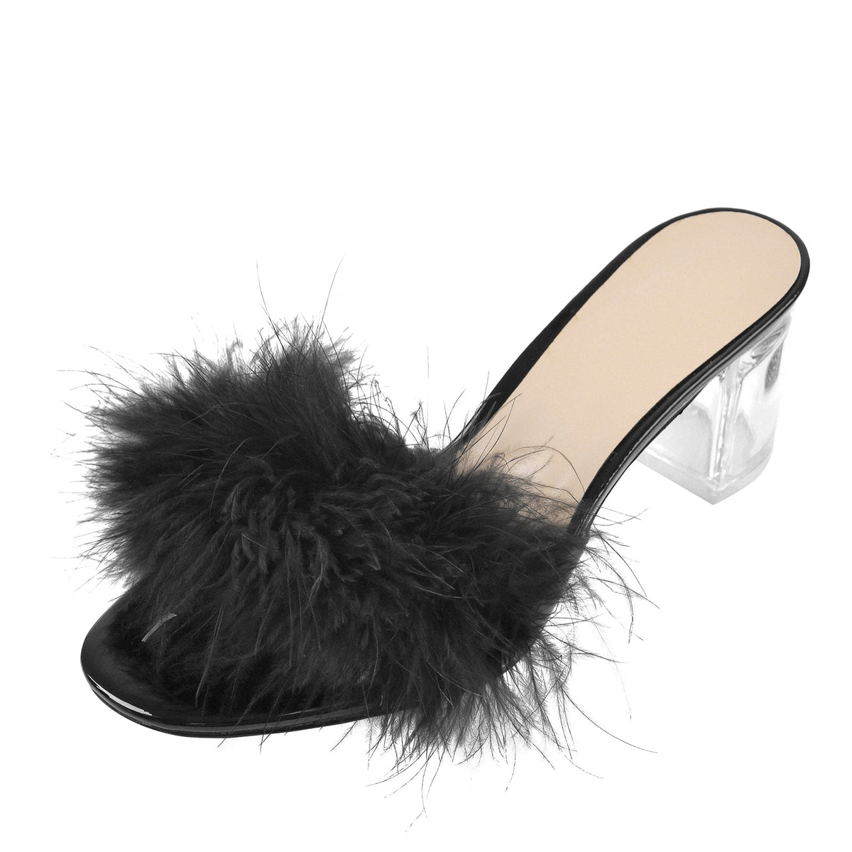 Black Feather Clear Heel Sandals - Onlymaker New