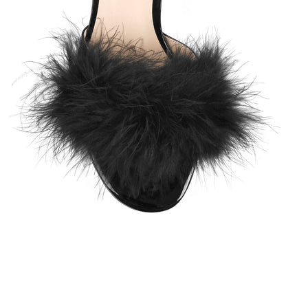 Black Feather Clear Heel Sandals - Onlymaker New
