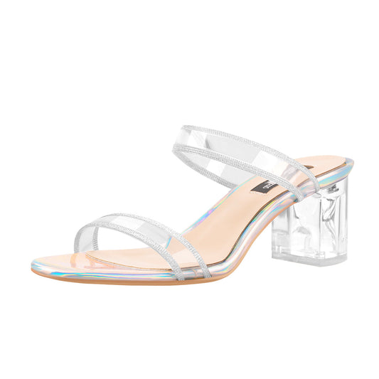 Holographic Slip-On Transparent Chunky Heels Mules - Onlymaker Best Price
