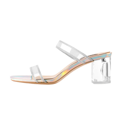 Holographic Slip-On Transparent Chunky Heels Mules - Onlymaker Best Price