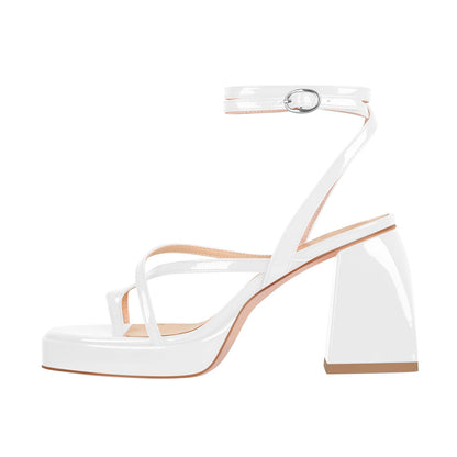Chunky Mid Heel Criss Cross Platform Sandals - Onlymaker Quality
