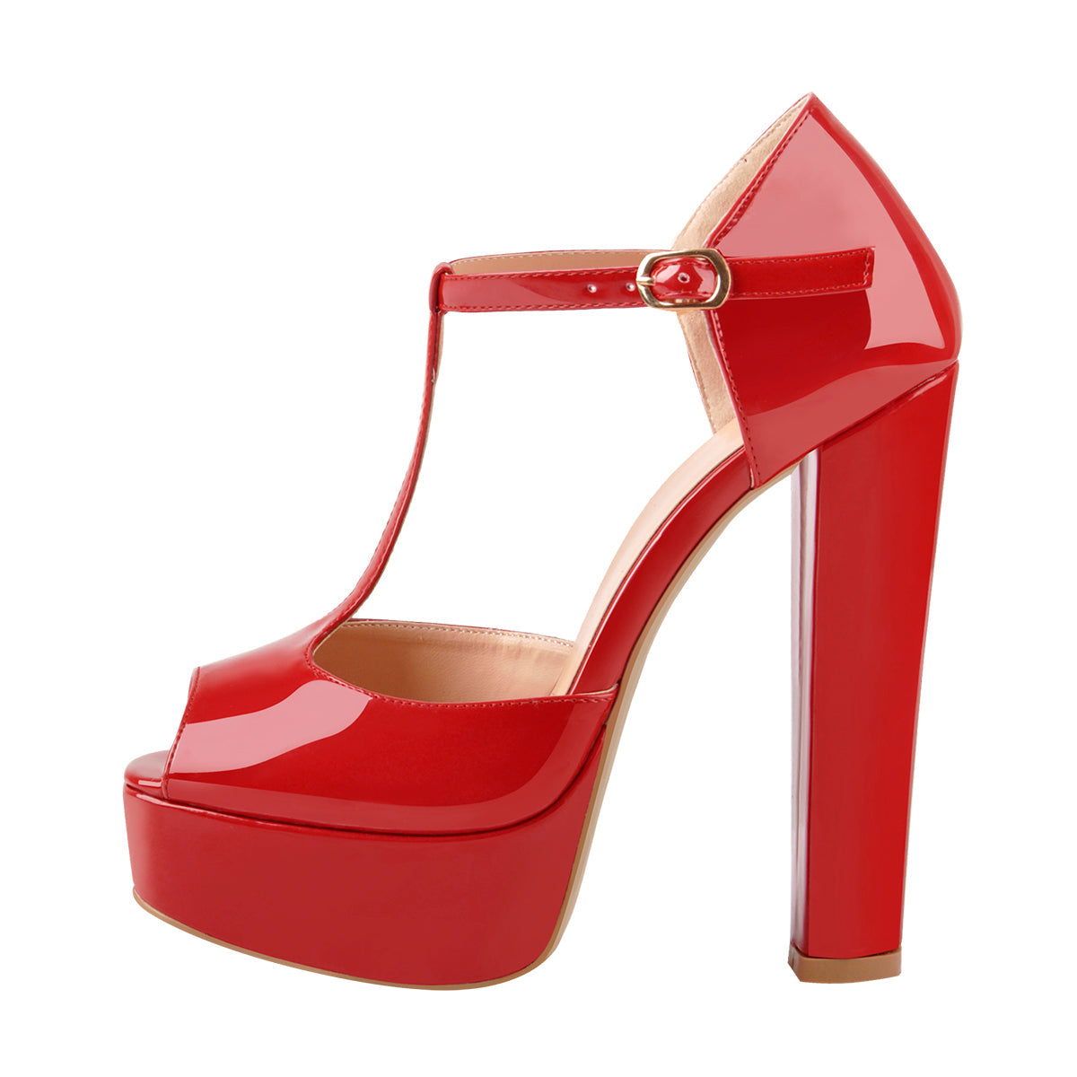 T Strap Peep Toe Platform Patent Chuncky High Heel Sandals - Onlymaker Great Value