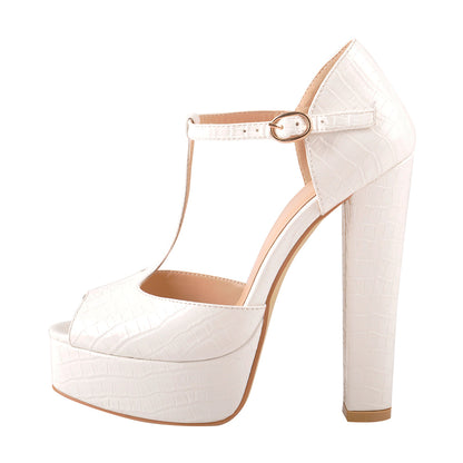 T Strap Peep Toe Platform Patent Chuncky High Heel Sandals - Onlymaker Great Value
