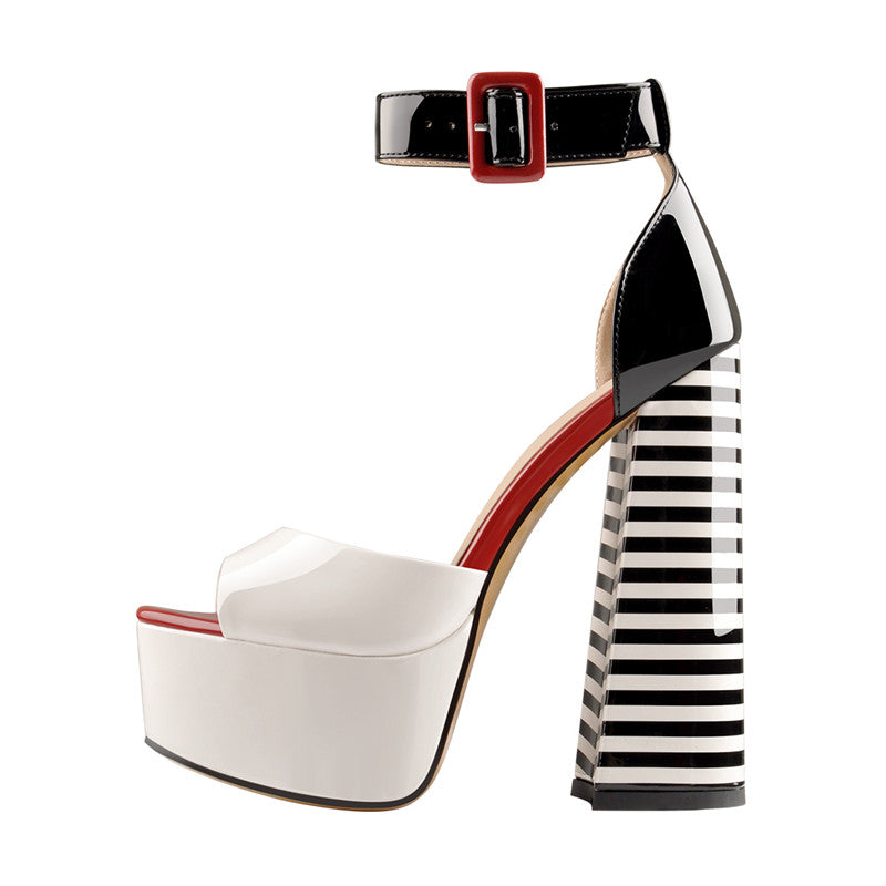 White Platform Peep Toe Ankle Chunky Sandals - Onlymaker Special Offer