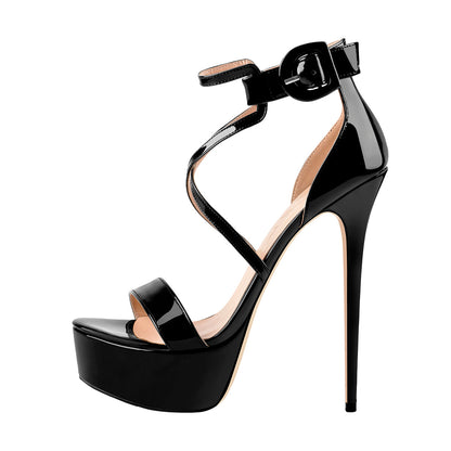 Patent Leather Platform Cross-tied Stiletto Sandals - Onlymaker Classic