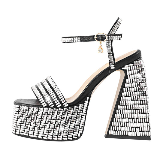 Rhinestone Square Toe Chunky Heel Platform Sandals - Onlymaker Everyday