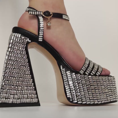 Rhinestone Square Toe Chunky Heel Platform Sandals - Onlymaker Everyday