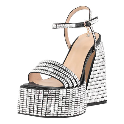 Rhinestone Square Toe Chunky Heel Platform Sandals - Onlymaker Everyday