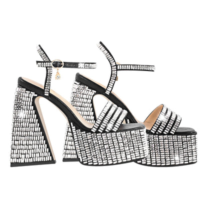 Rhinestone Square Toe Chunky Heel Platform Sandals - Onlymaker Everyday