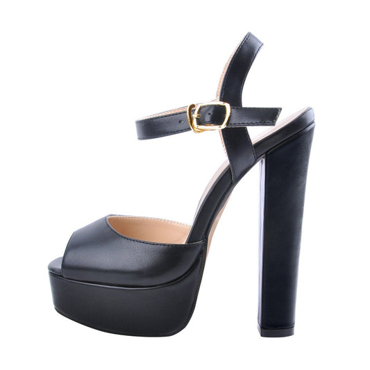 Peep Toe Platform Black Chunky High Heel Sandals - Onlymaker Best Seller