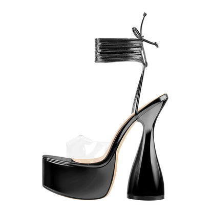 Black Platform Lace up Chunky High Heel Sandals - Onlymaker New